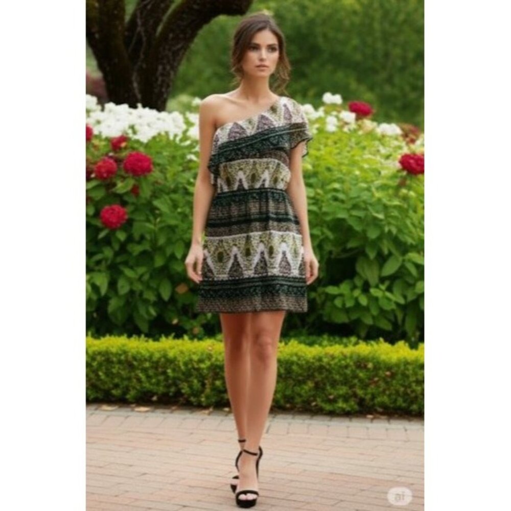Pookie & Sebastian Whimsy Velvet Burnout Festival One Shoulder Ruffle Dress M